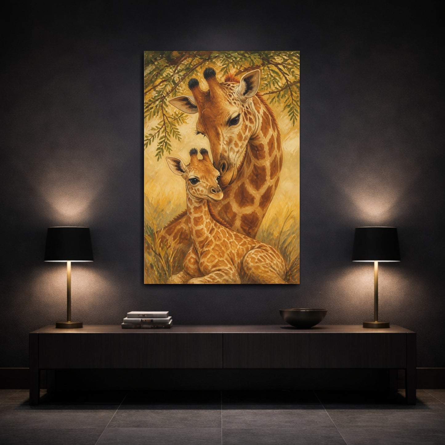 Mockup 3. Animals Giraffe Mother & Calf shown as canvas print