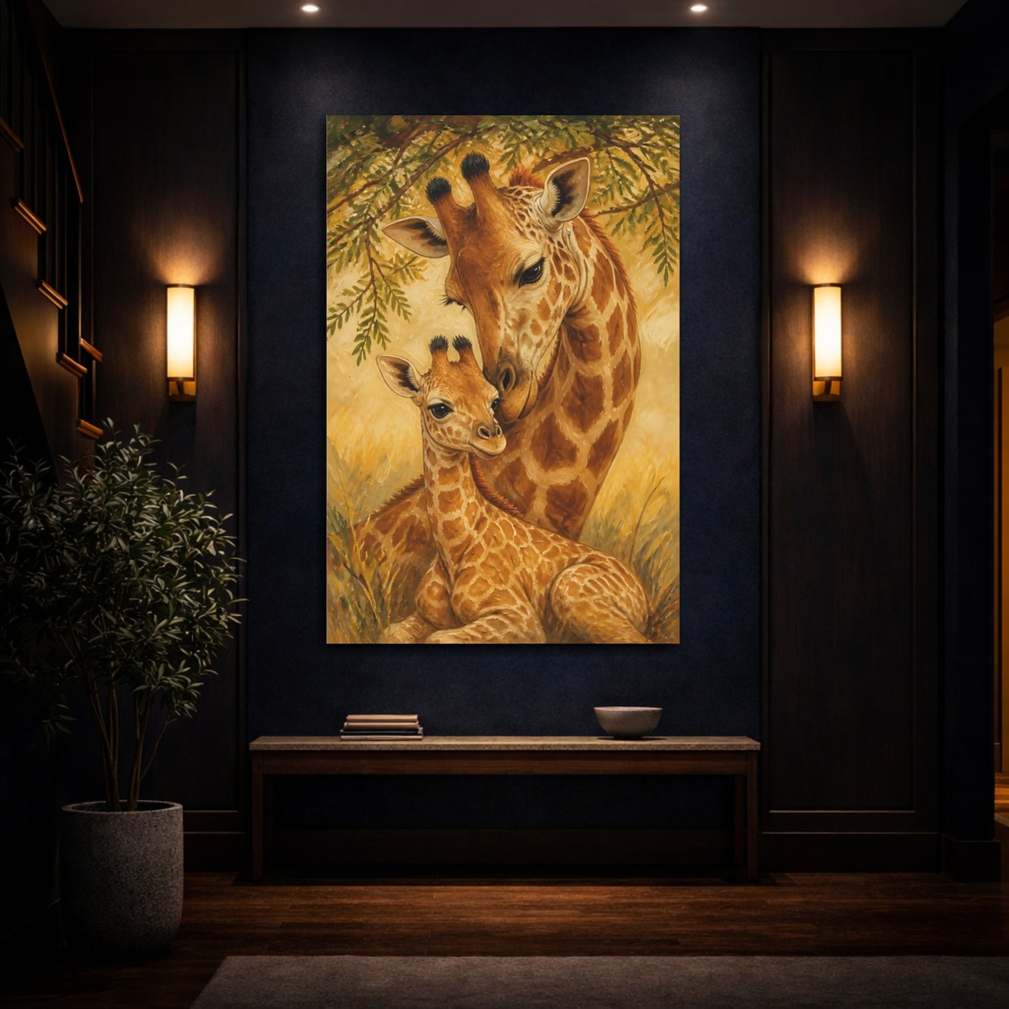 Mockup 4. Animals Giraffe Mother & Calf shown as canvas print