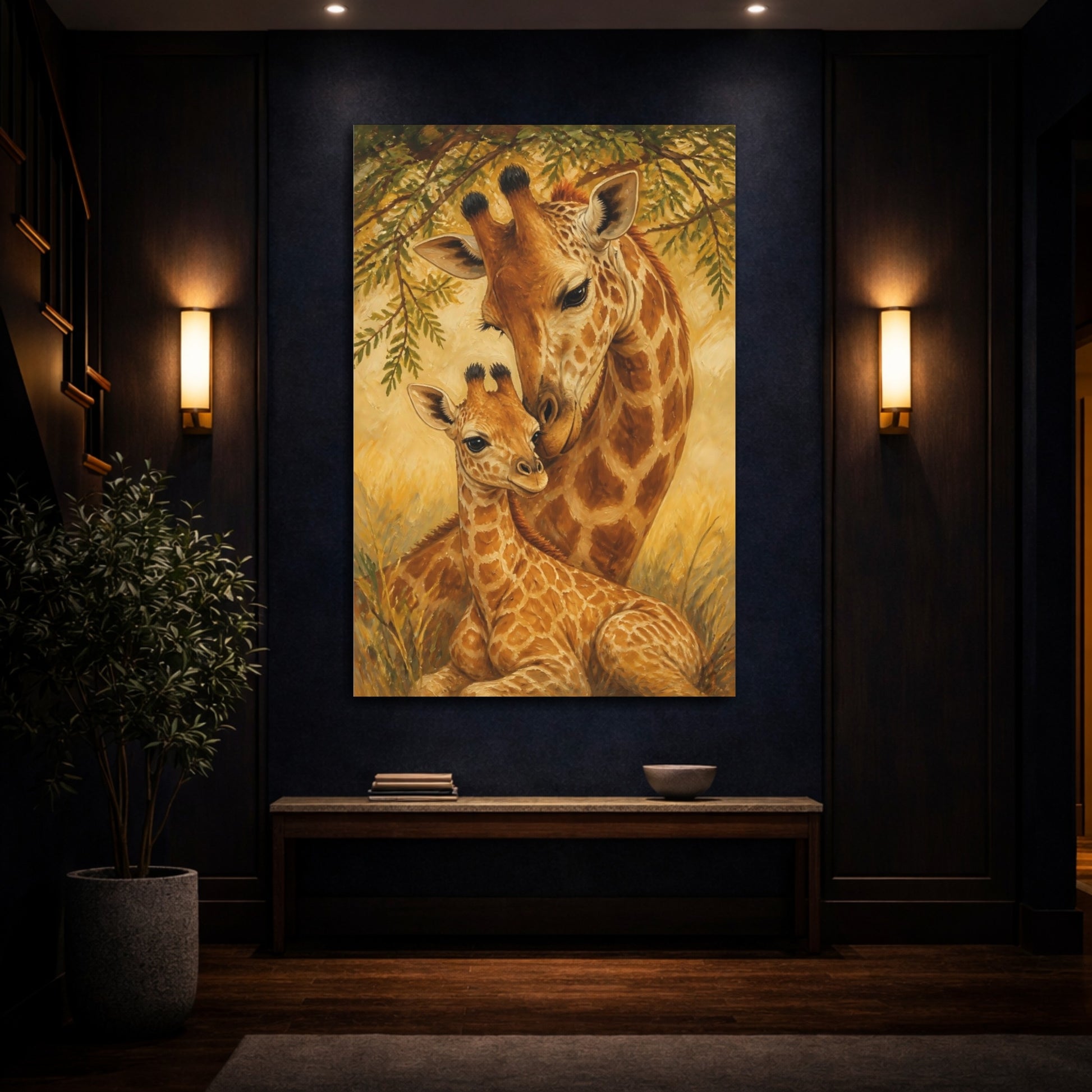 Mockup 4. Animals Giraffe Mother & Calf shown as canvas print