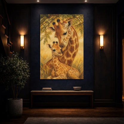 Mockup 4. Animals Giraffe Mother & Calf shown as canvas print