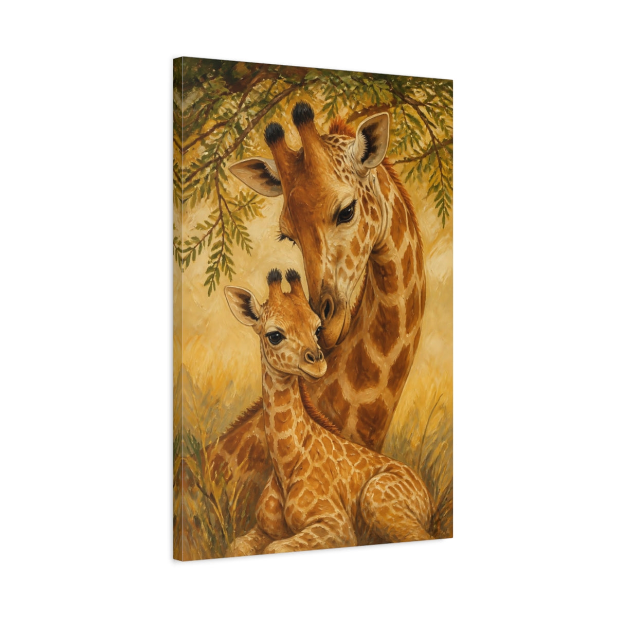 Side Mockup 2. Animals Giraffe Mother & Calf shown as canvas print