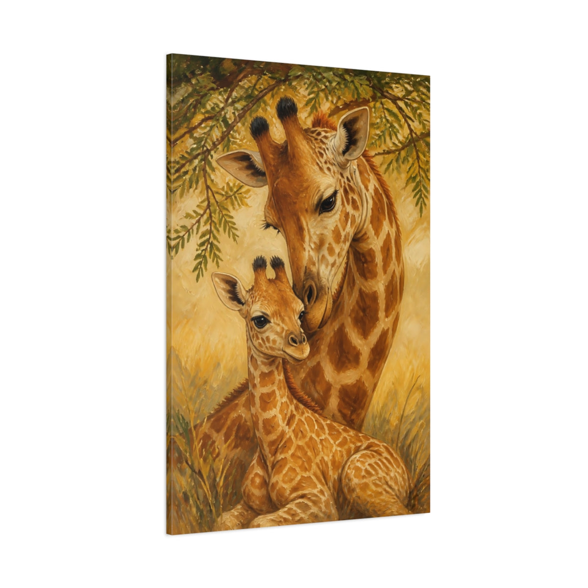 Side Mockup 1. Animals Giraffe Mother & Calf shown as canvas print