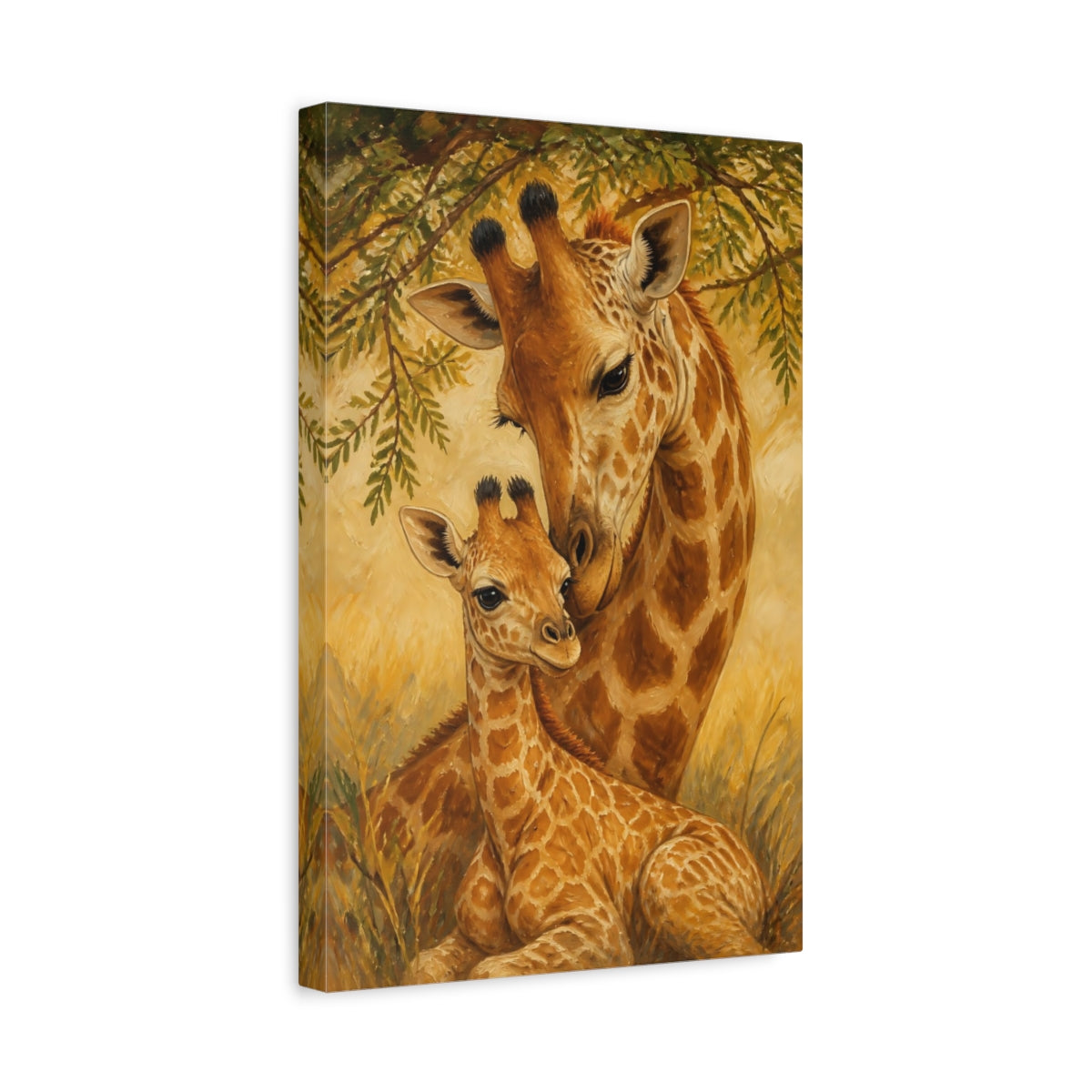 Side Mockup 4. Animals Giraffe Mother & Calf shown as canvas print
