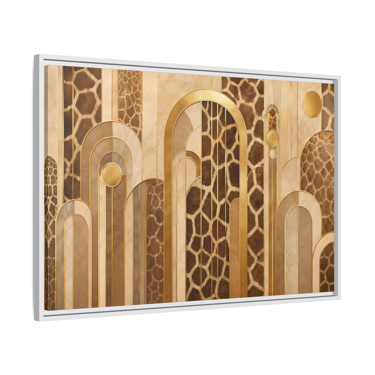 Side Mockup 9. Animals Giraffe Pattern Brown And Gold shown as stretched canvas wall art