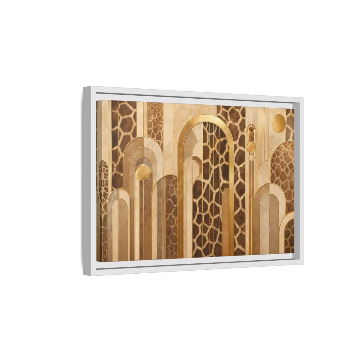 Side Mockup 4. Animals Giraffe Pattern Brown And Gold shown as stretched canvas wall art
