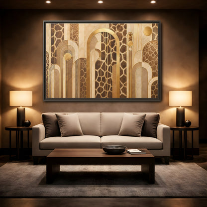 Mockup 2. Animals Giraffe Pattern Brown And Gold shown as stretched canvas wall art