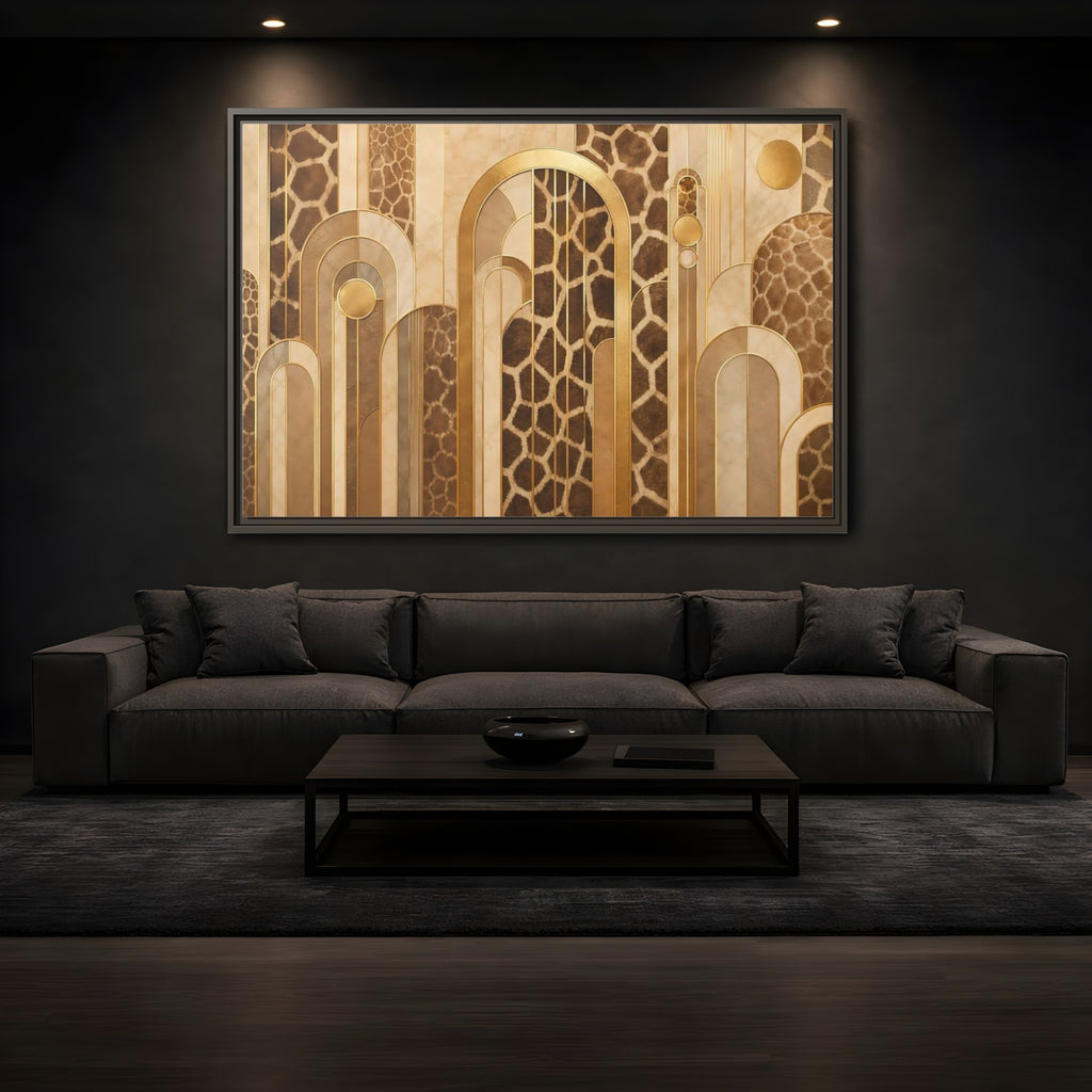 Mockup 3. Animals Giraffe Pattern Brown And Gold shown as stretched canvas wall art