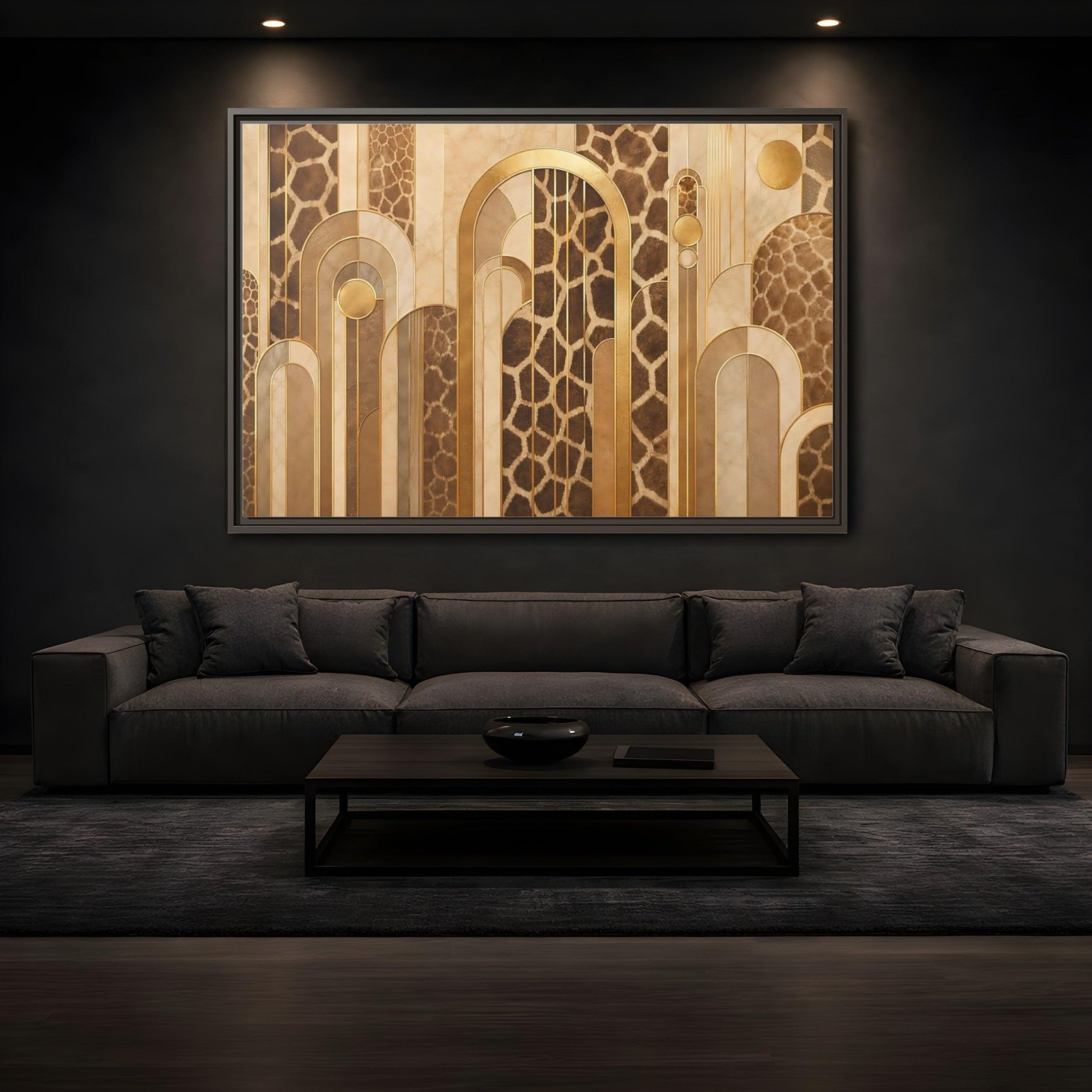 Mockup 3. Animals Giraffe Pattern Brown And Gold shown as stretched canvas wall art