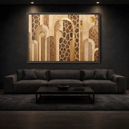 Mockup 3. Animals Giraffe Pattern Brown And Gold shown as stretched canvas wall art