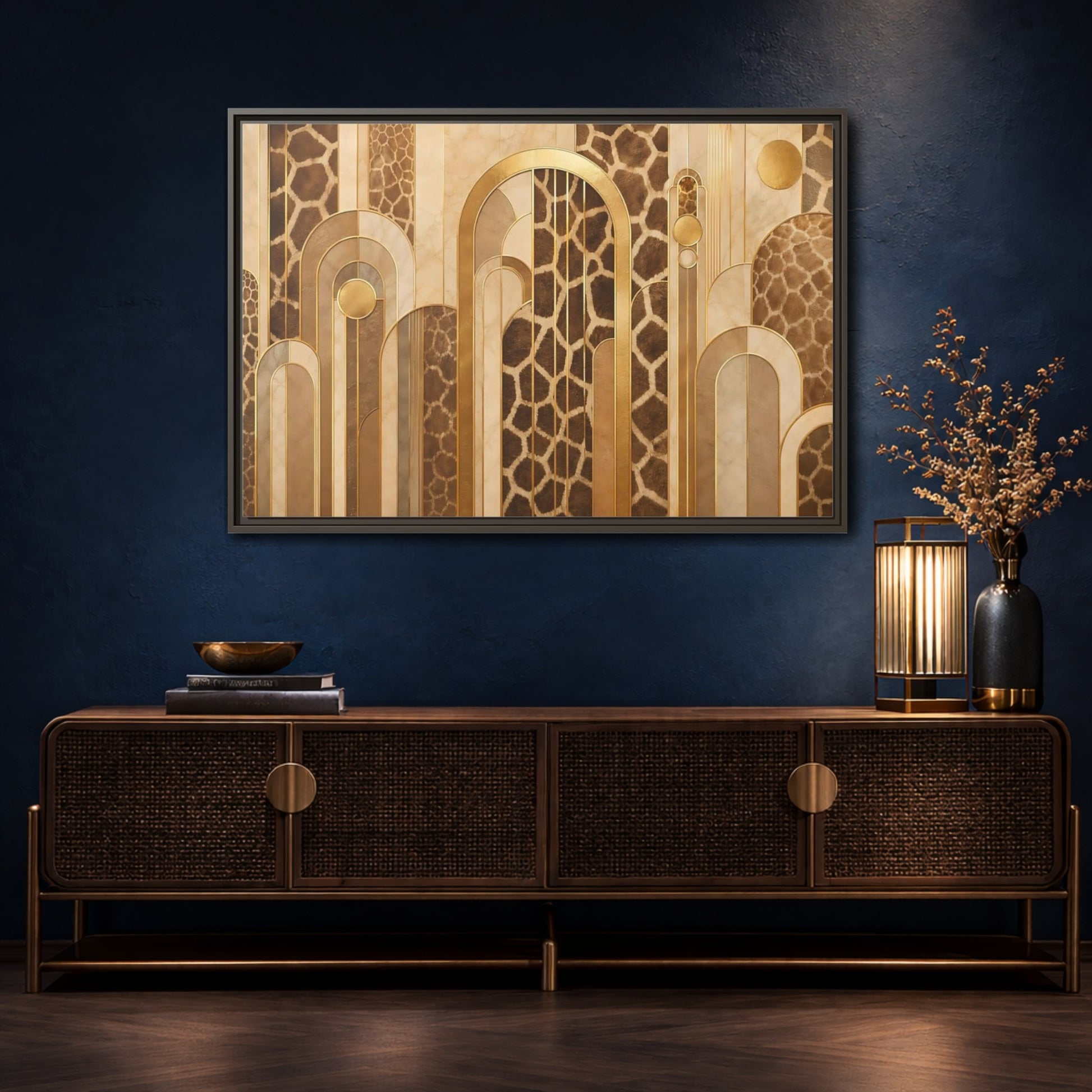 Mockup 4. Animals Giraffe Pattern Brown And Gold shown as stretched canvas wall art
