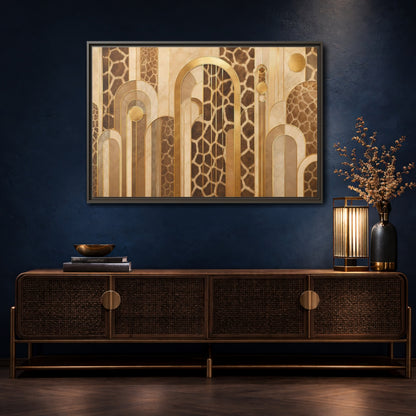 Mockup 4. Animals Giraffe Pattern Brown And Gold shown as stretched canvas wall art