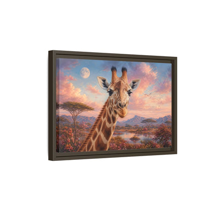 Side Mockup 5. Animals Giraffe Portrait Pink Sky Giraffe shown as stretched canvas wall art