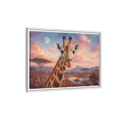 Side Mockup 1. Animals Giraffe Portrait Pink Sky Giraffe shown as stretched canvas wall art
