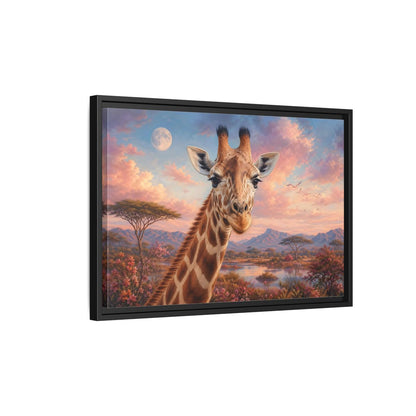 Side Mockup 3. Animals Giraffe Portrait Pink Sky Giraffe shown as stretched canvas wall art