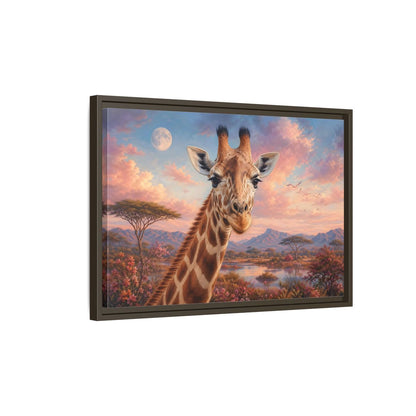 Side Mockup 2. Animals Giraffe Portrait Pink Sky Giraffe shown as stretched canvas wall art