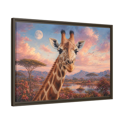 Side Mockup 11. Animals Giraffe Portrait Pink Sky Giraffe shown as stretched canvas wall art