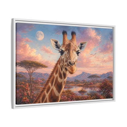 Side Mockup 10. Animals Giraffe Portrait Pink Sky Giraffe shown as stretched canvas wall art