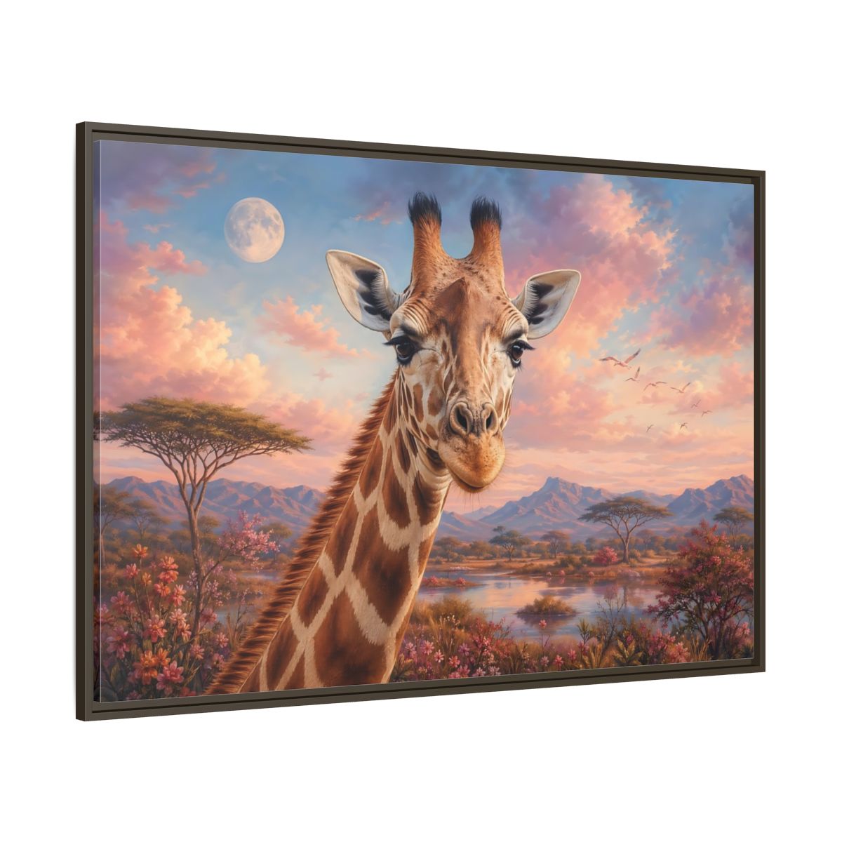 Side Mockup 8. Animals Giraffe Portrait Pink Sky Giraffe shown as stretched canvas wall art