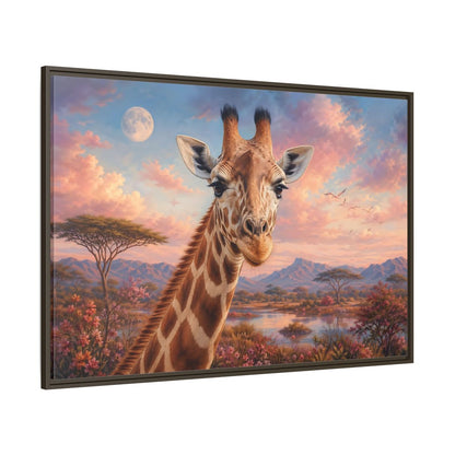 Side Mockup 8. Animals Giraffe Portrait Pink Sky Giraffe shown as stretched canvas wall art