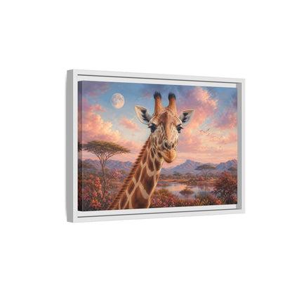 Side Mockup 4. Animals Giraffe Portrait Pink Sky Giraffe shown as stretched canvas wall art