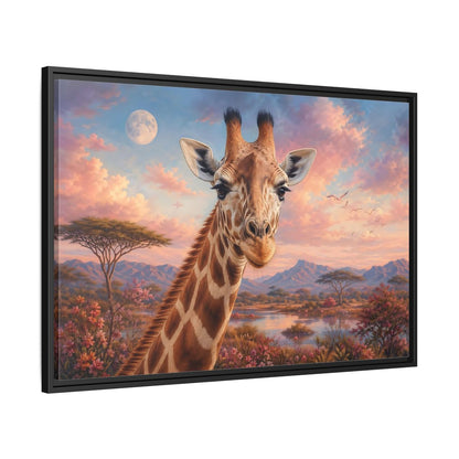 Side Mockup 13. Animals Giraffe Portrait Pink Sky Giraffe shown as stretched canvas wall art