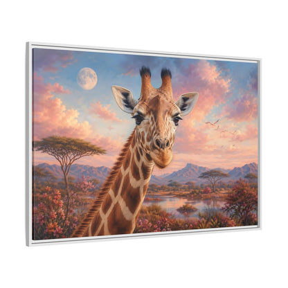 Side Mockup 7. Animals Giraffe Portrait Pink Sky Giraffe shown as stretched canvas wall art
