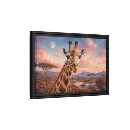 Side Mockup 6. Animals Giraffe Portrait Pink Sky Giraffe shown as stretched canvas wall art