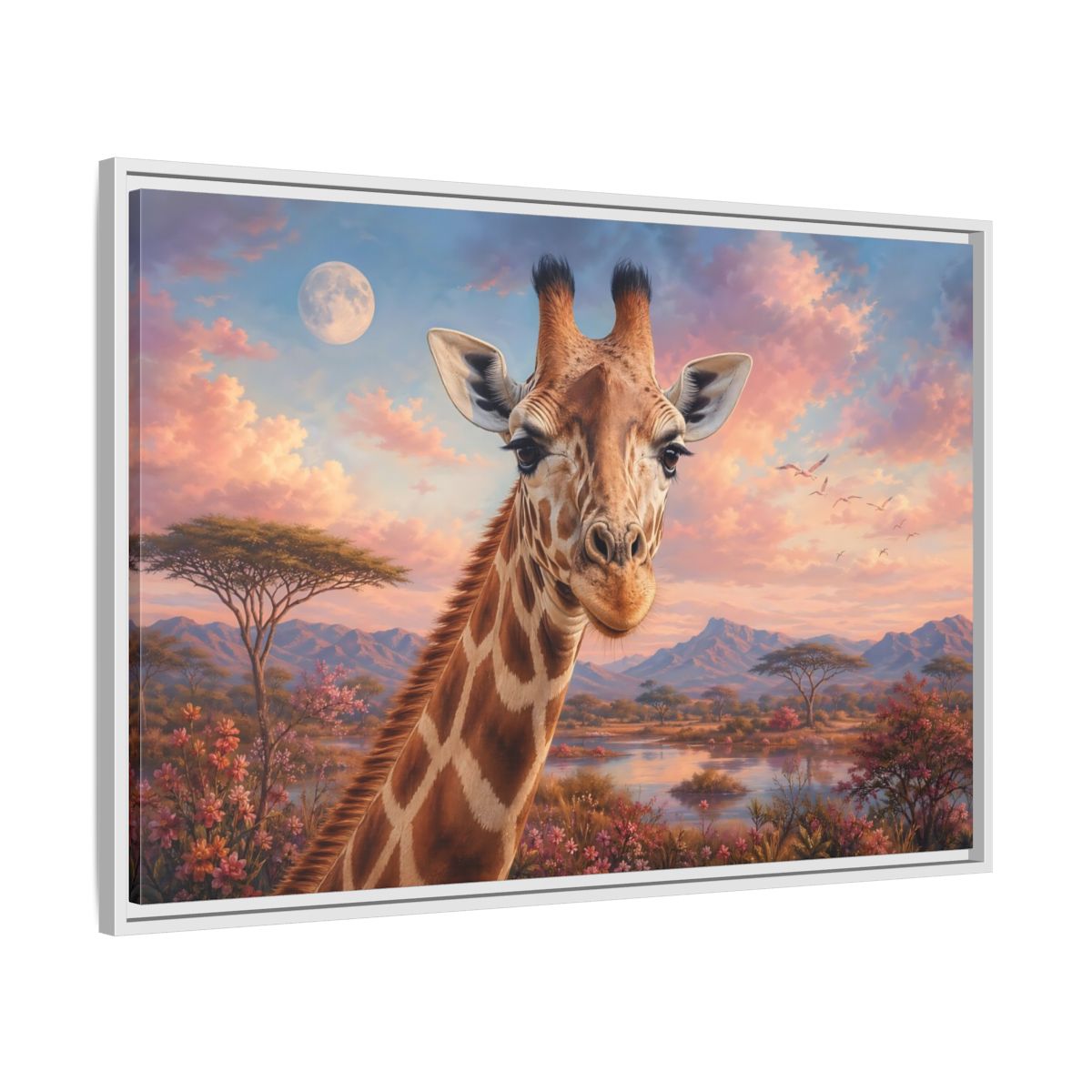 Side Mockup 9. Animals Giraffe Portrait Pink Sky Giraffe shown as stretched canvas wall art