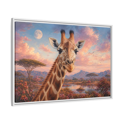 Side Mockup 9. Animals Giraffe Portrait Pink Sky Giraffe shown as stretched canvas wall art