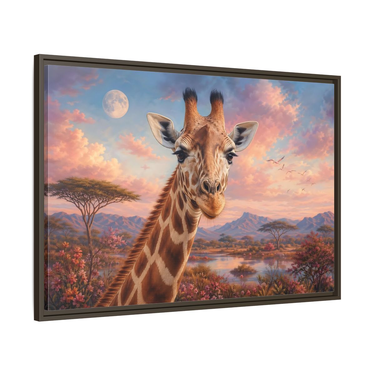 Main Mockup. Animals Giraffe Portrait Pink Sky Giraffe shown as stretched canvas wall art