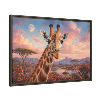 Main Mockup. Animals Giraffe Portrait Pink Sky Giraffe shown as stretched canvas wall art