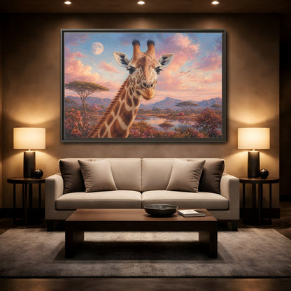 Mockup 2. Animals Giraffe Portrait Pink Sky Giraffe shown as stretched canvas wall art