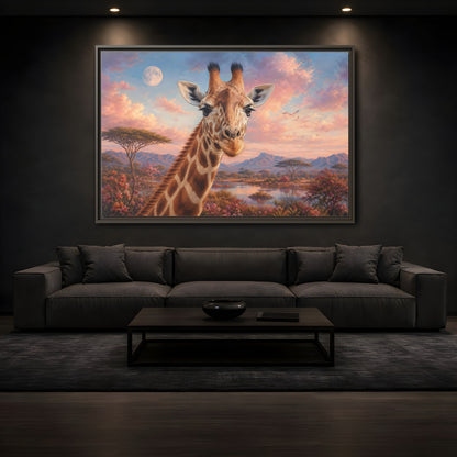 Mockup 3. Animals Giraffe Portrait Pink Sky Giraffe shown as stretched canvas wall art