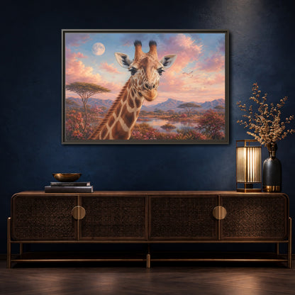 Mockup 4. Animals Giraffe Portrait Pink Sky Giraffe shown as stretched canvas wall art