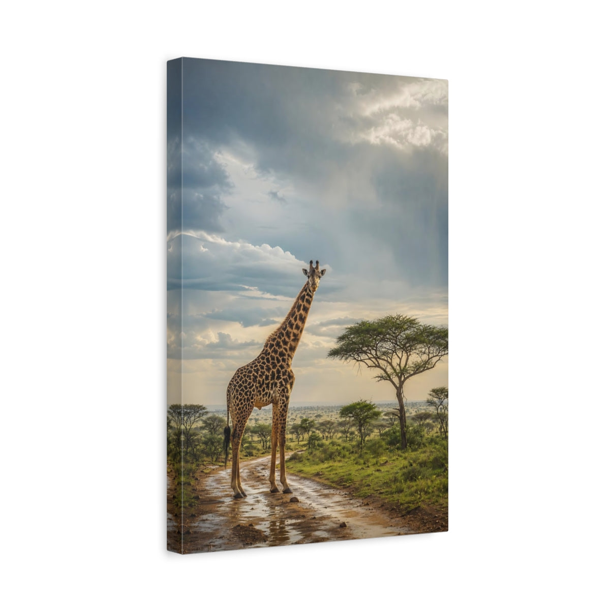 Side Mockup 4. Animals Giraffe Giraffe Savanna shown as stretched canvas wall art