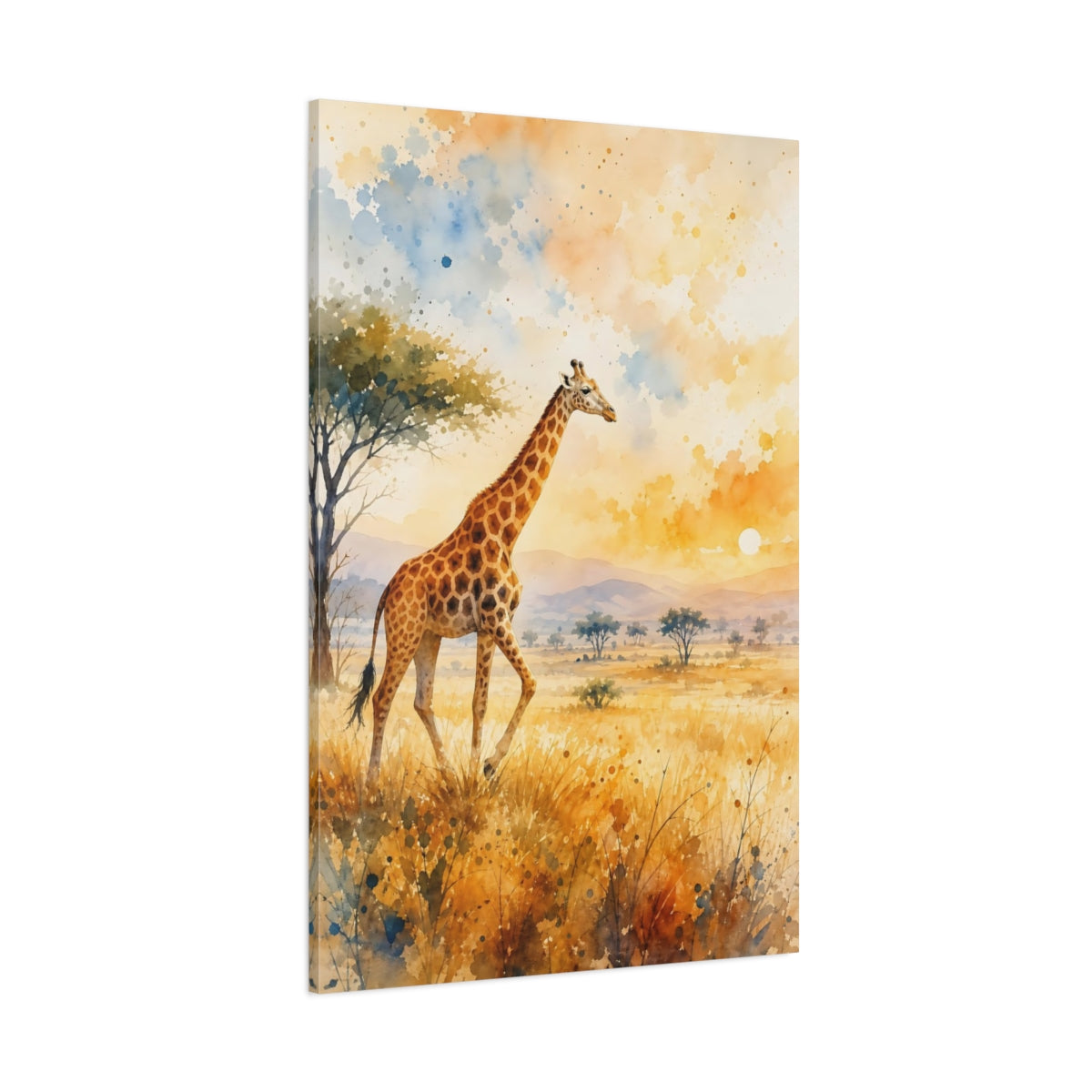 Side Mockup 1. Animals Giraffe Giraffe Savanna Sunset shown as stretched canvas wall art