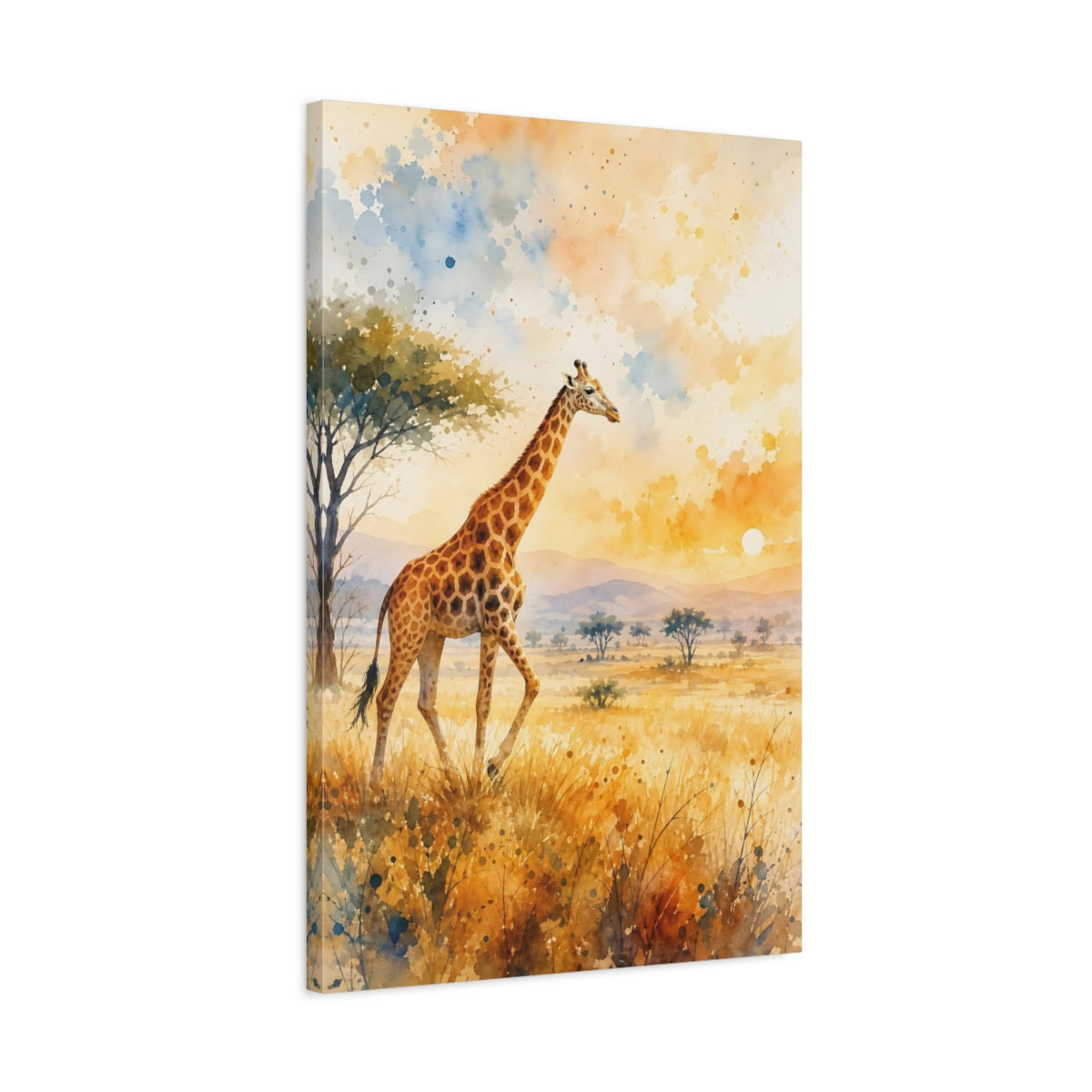 Side Mockup 2. Animals Giraffe Giraffe Savanna Sunset shown as stretched canvas wall art