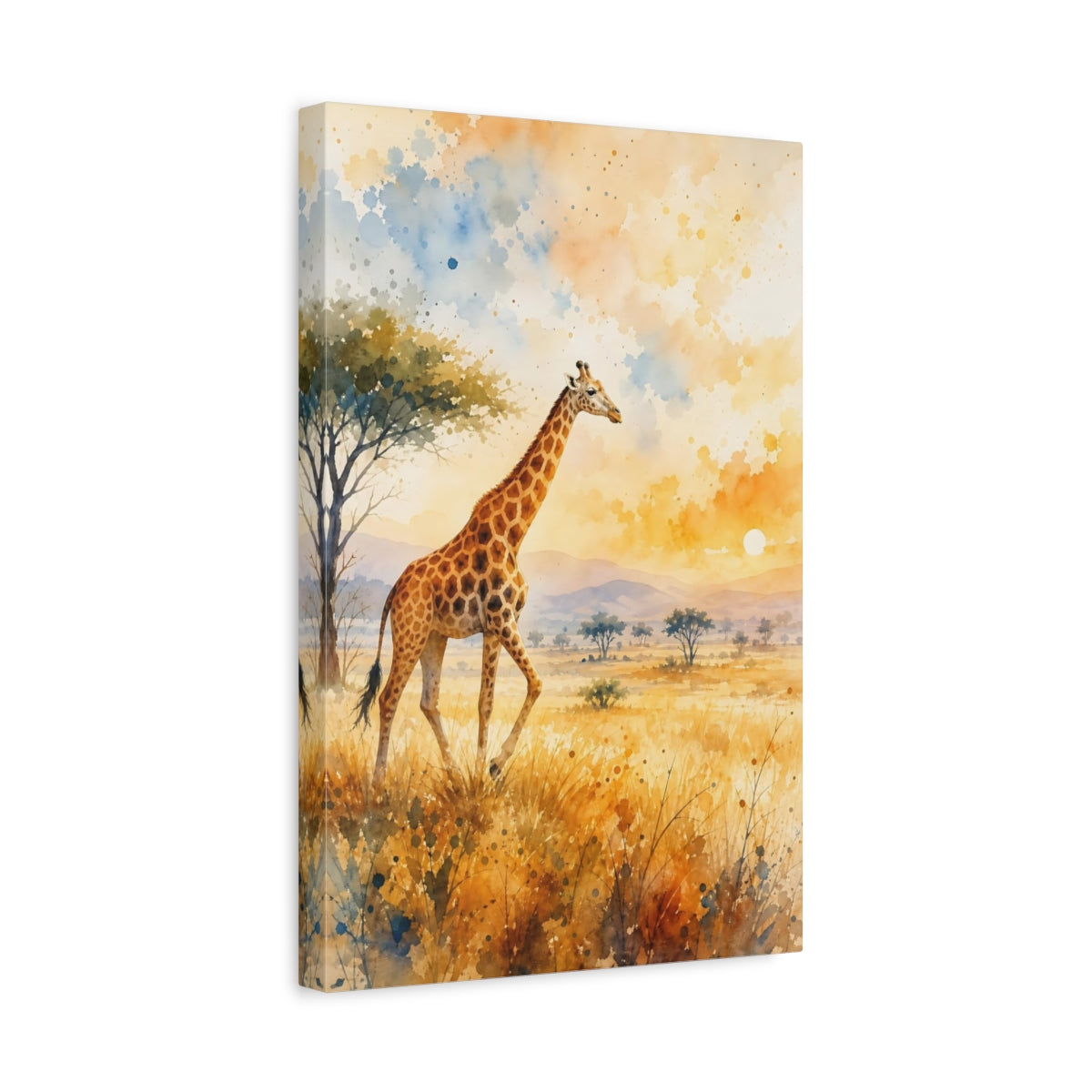 Side Mockup 4. Animals Giraffe Giraffe Savanna Sunset shown as stretched canvas wall art