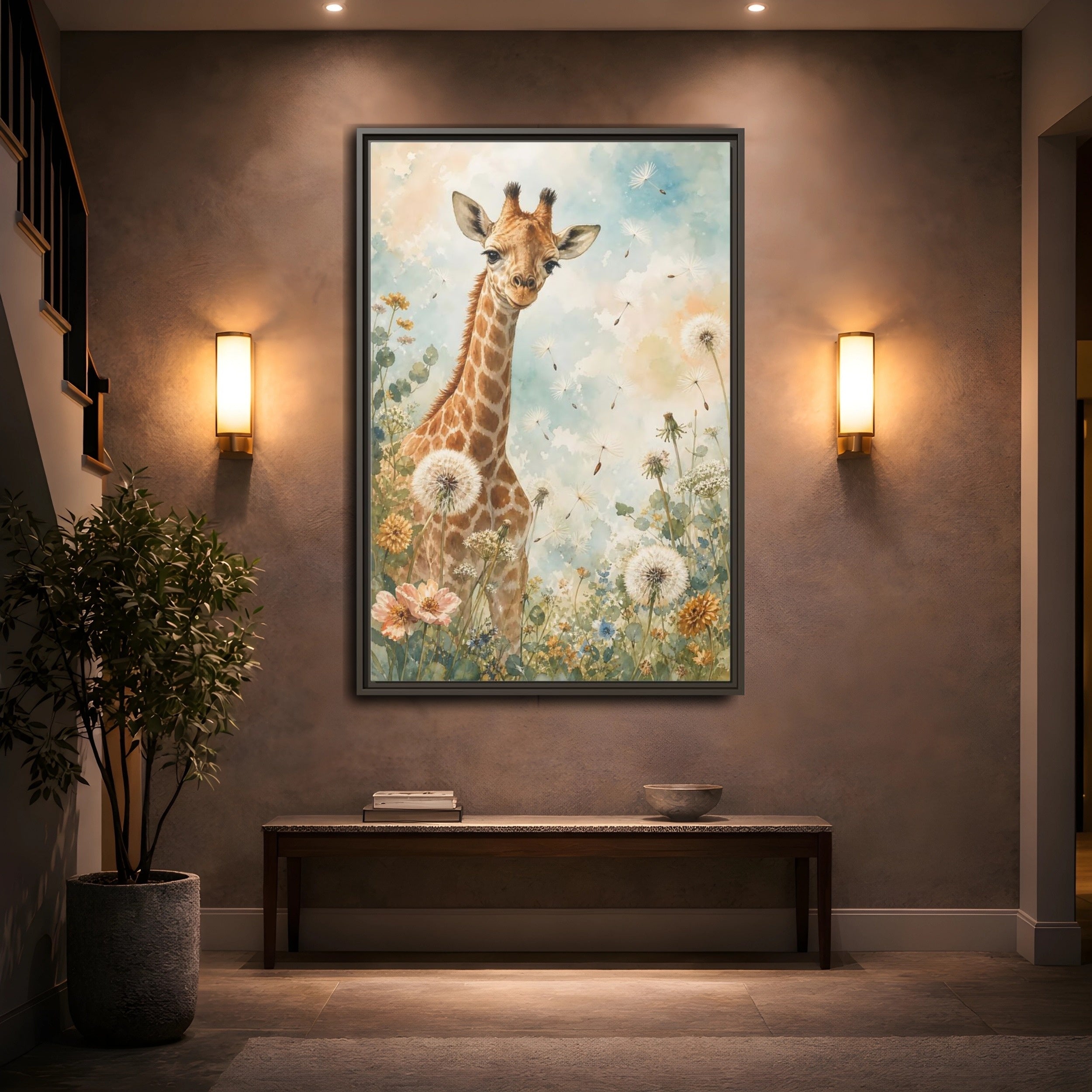 Mockup 2. Animals Giraffe Watercolor Giraffe shown as stretched canvas wall art