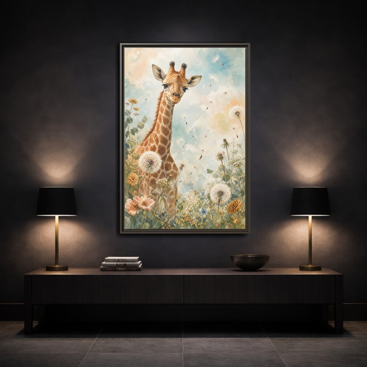 Mockup 3. Animals Giraffe Watercolor Giraffe shown as stretched canvas wall art