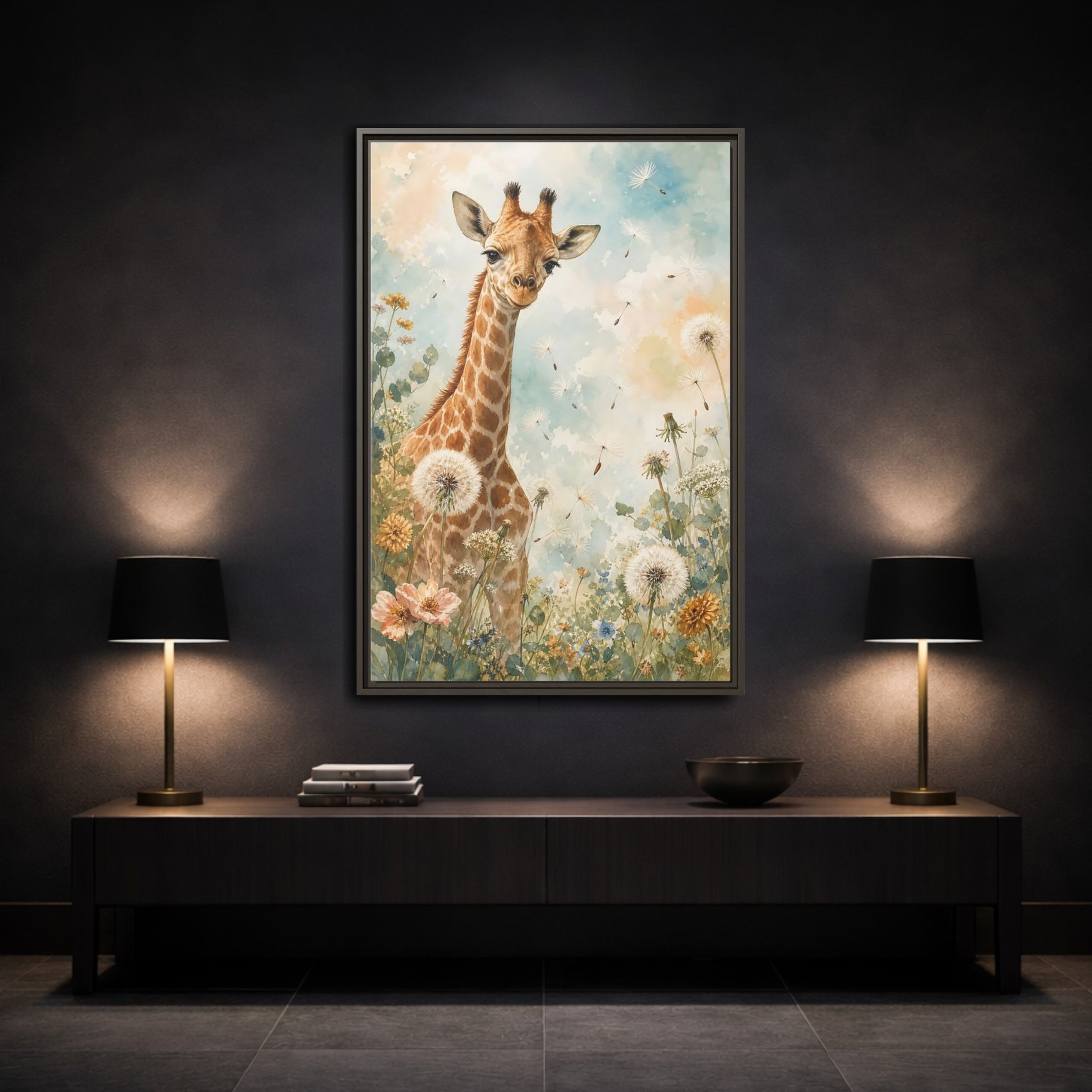 Mockup 3. Animals Giraffe Watercolor Giraffe shown as stretched canvas wall art
