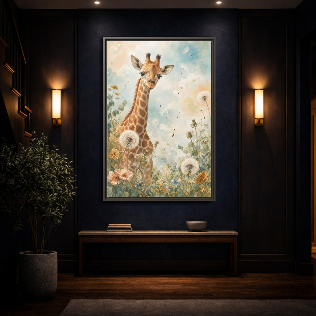 Mockup 4. Animals Giraffe Watercolor Giraffe shown as stretched canvas wall art