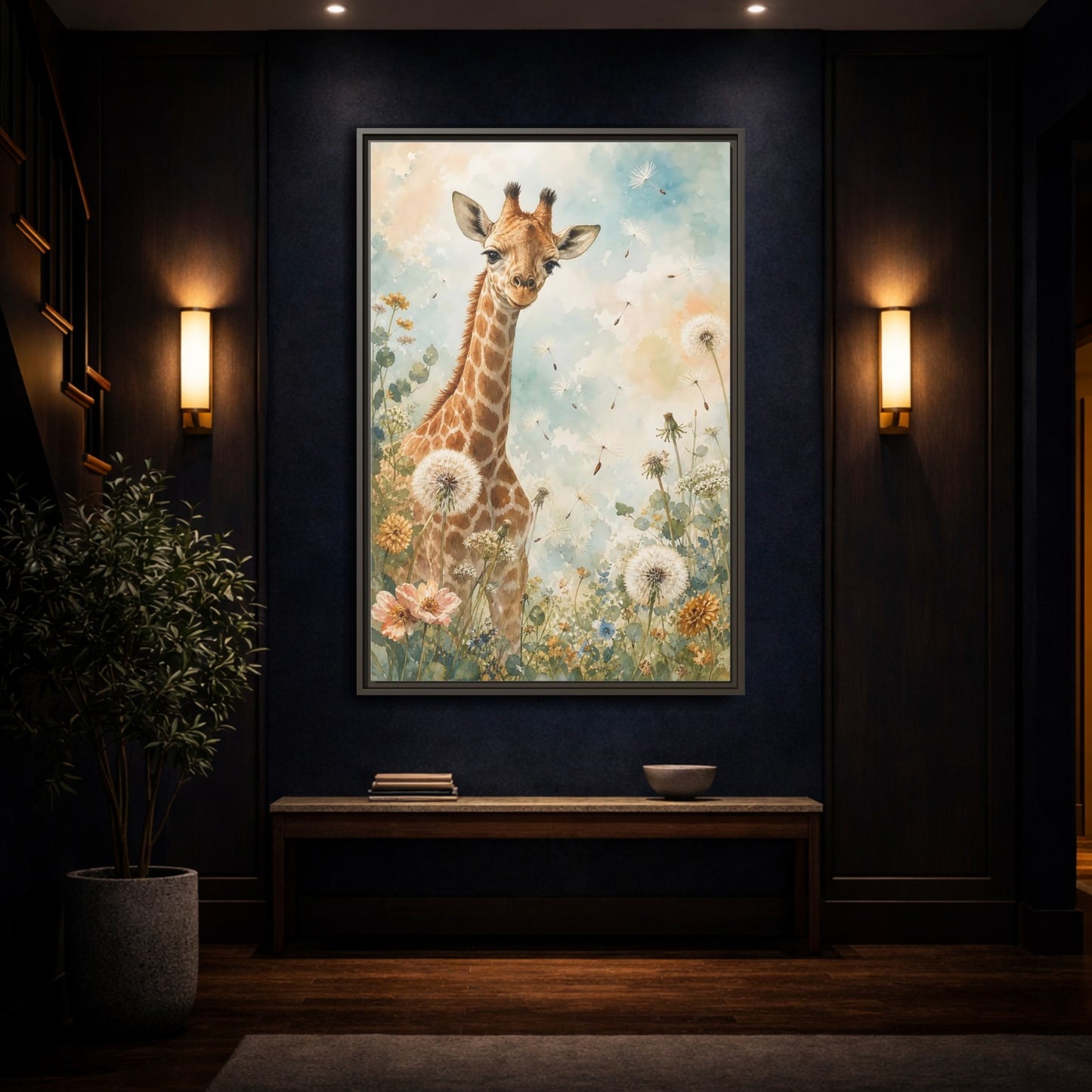 Mockup 4. Animals Giraffe Watercolor Giraffe shown as stretched canvas wall art