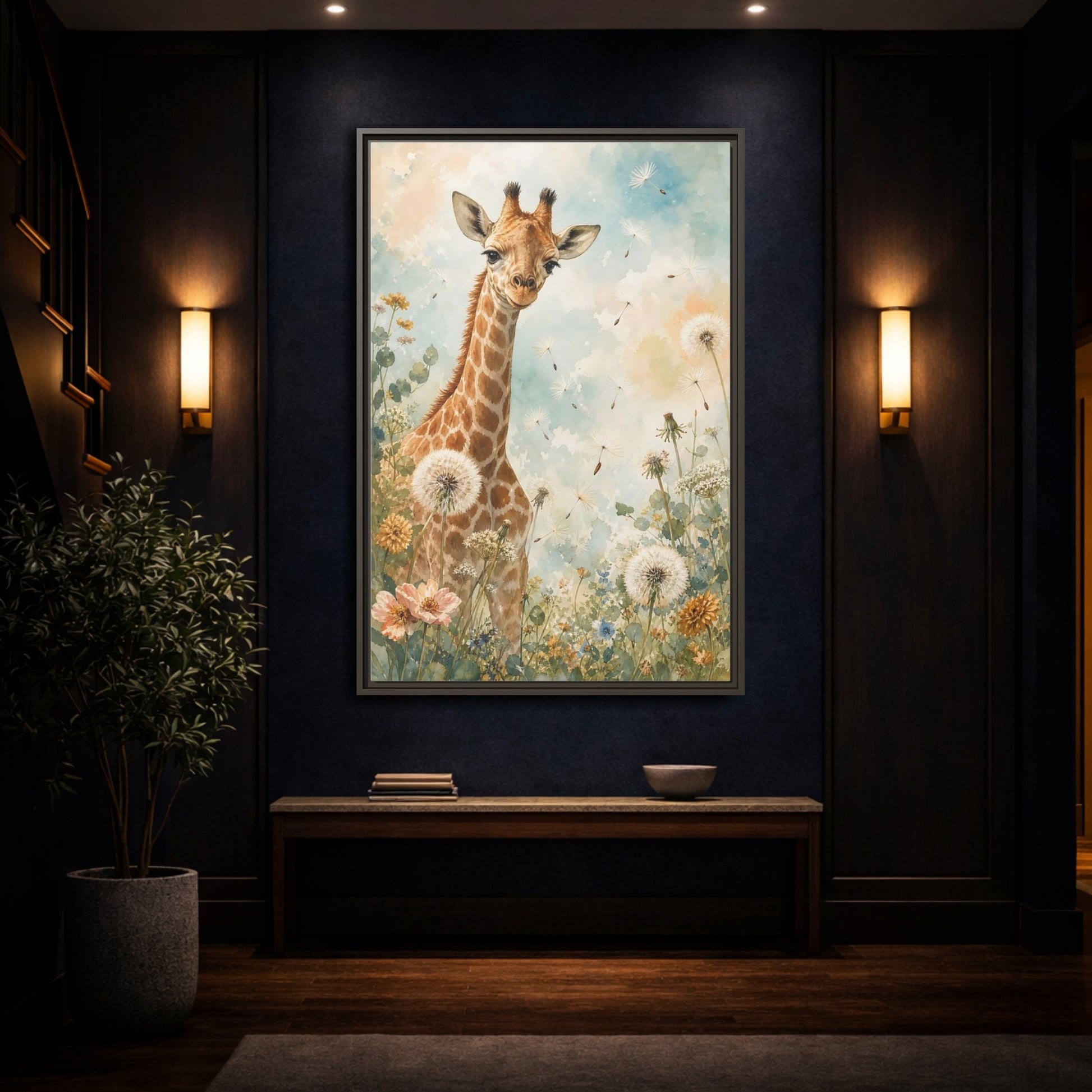 Mockup 4. Animals Giraffe Watercolor Giraffe shown as stretched canvas wall art