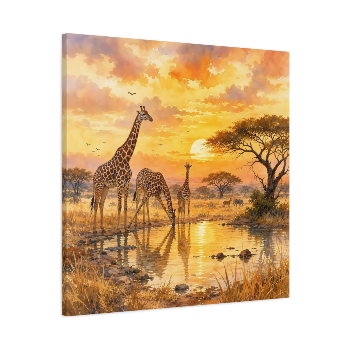 Main Mockup. Animals Giraffes African Sunset shown as stretched canvas wall art