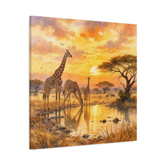 Main Mockup. Animals Giraffes African Sunset shown as stretched canvas wall art