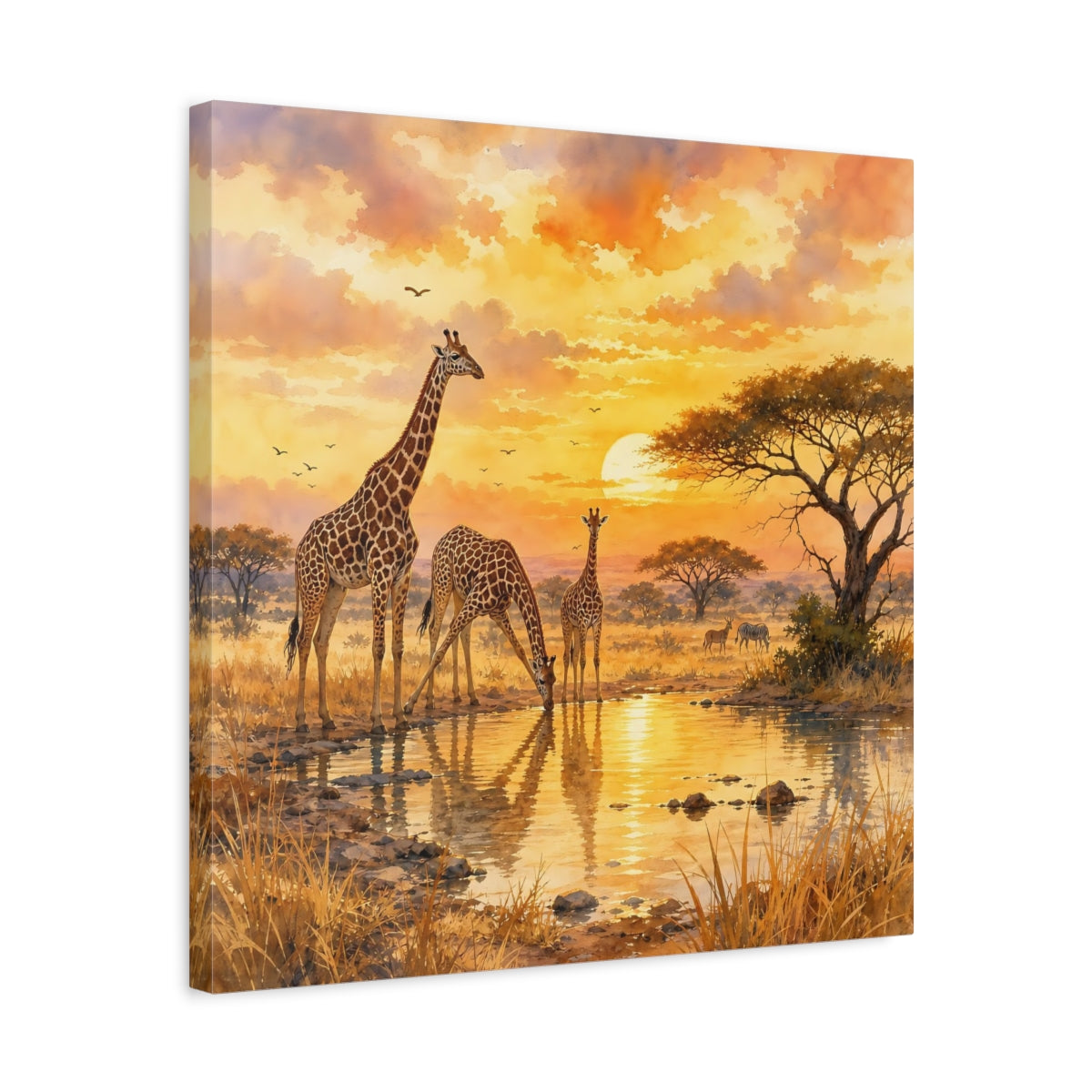 Side Mockup 5. Animals Giraffes African Sunset shown as stretched canvas wall art