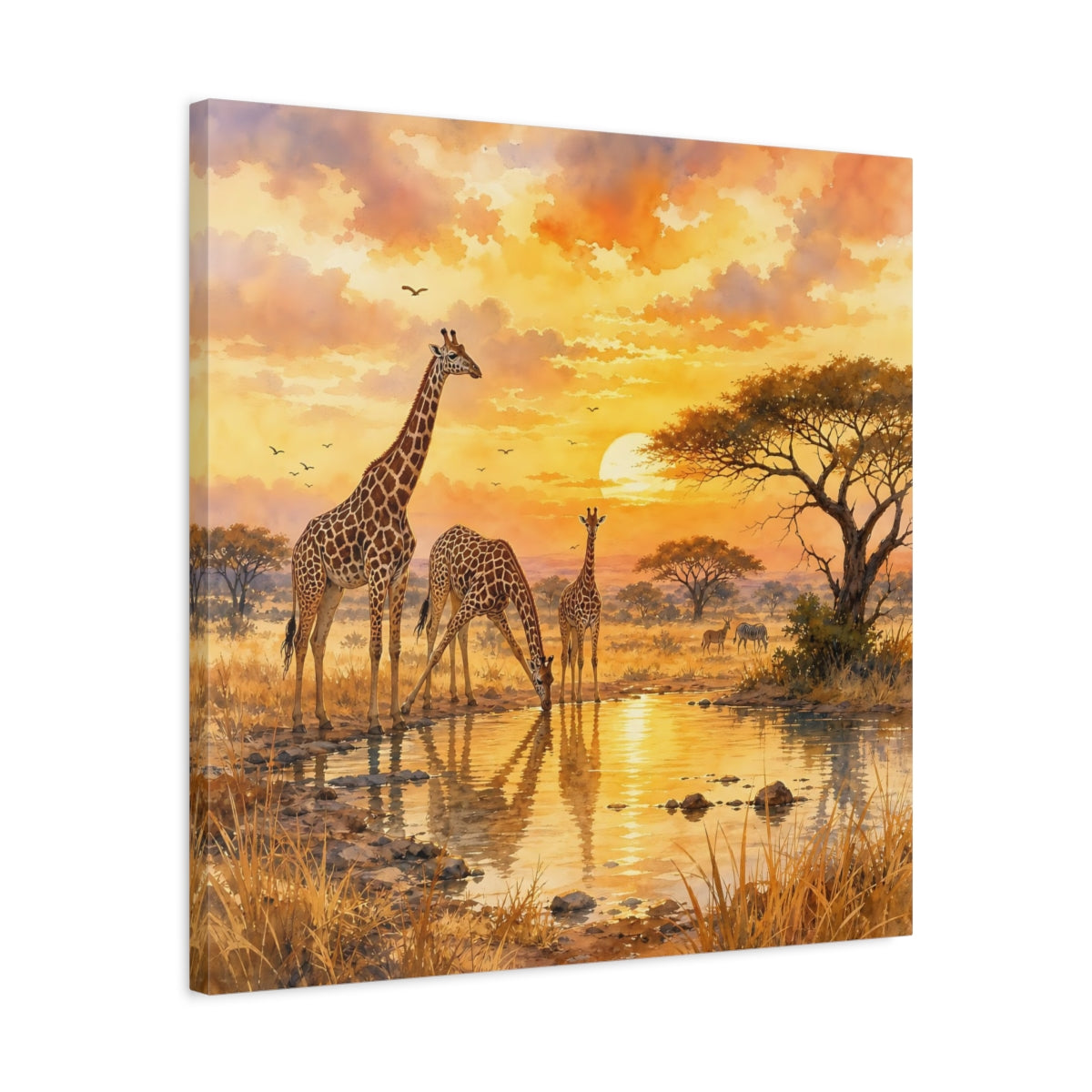Side Mockup 4. Animals Giraffes African Sunset shown as stretched canvas wall art