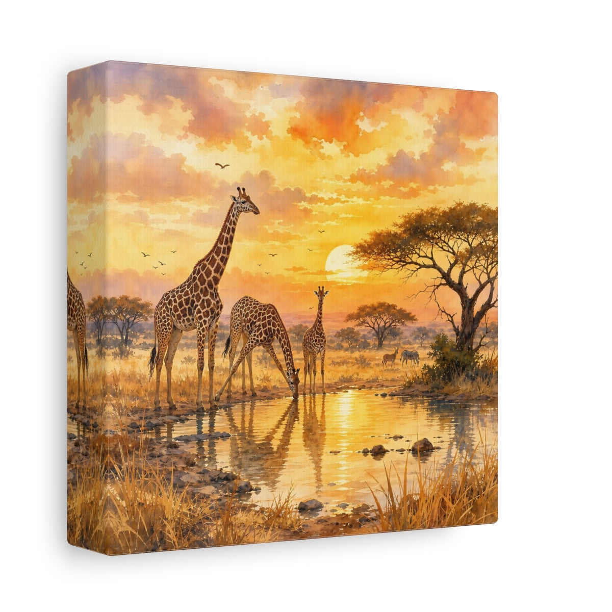 Side Mockup 2. Animals Giraffes African Sunset shown as stretched canvas wall art