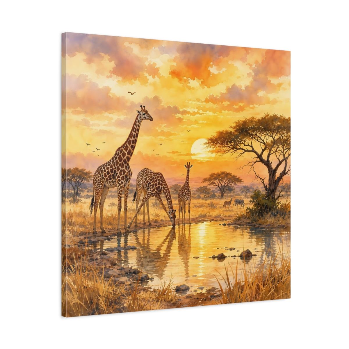 Side Mockup 3. Animals Giraffes African Sunset shown as stretched canvas wall art